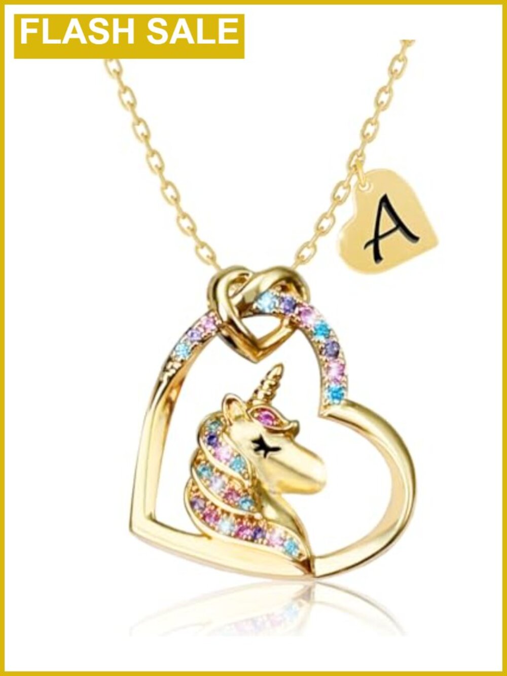 Girls Unicorn Initial Heart Pendant Necklace Gold Plated Cubic Zirconia